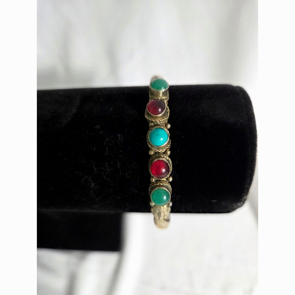 Vintage Mixed Metal Braided Cuff Bracelet Turquoise Red Green Cabochon Stones